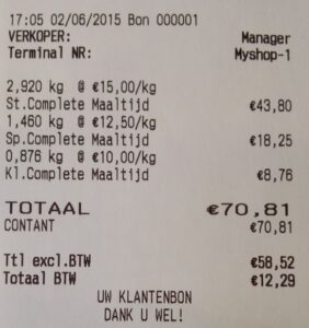 Kassabon met gewicht en kilo prijs.